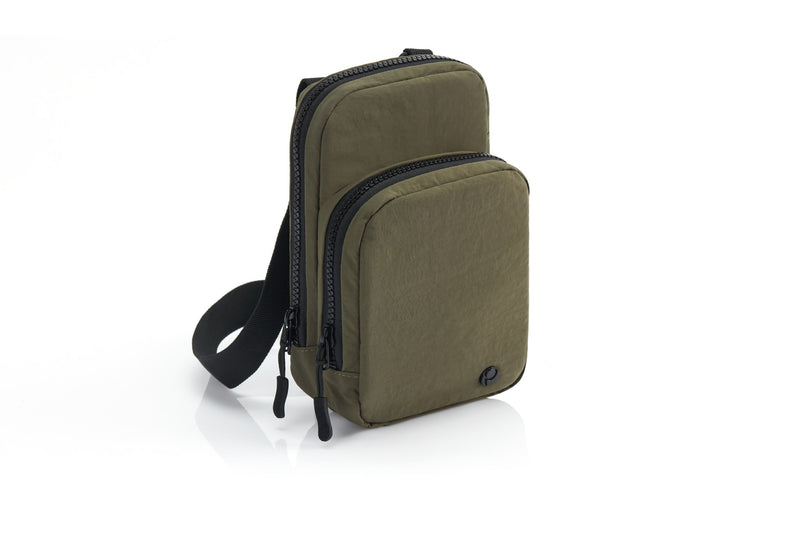 Loden green compact crossbody sling bag angled view