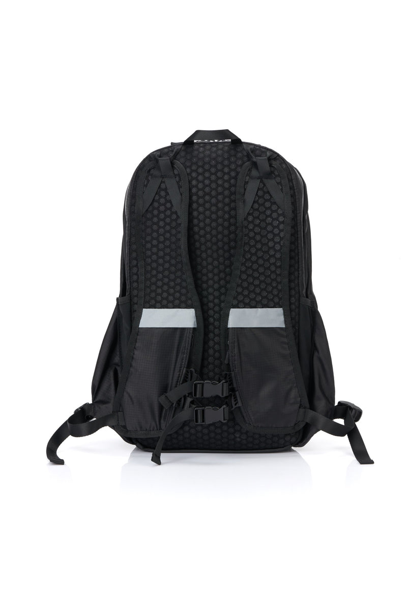 Black travel backpack rear view with reflective details and shoulder straps