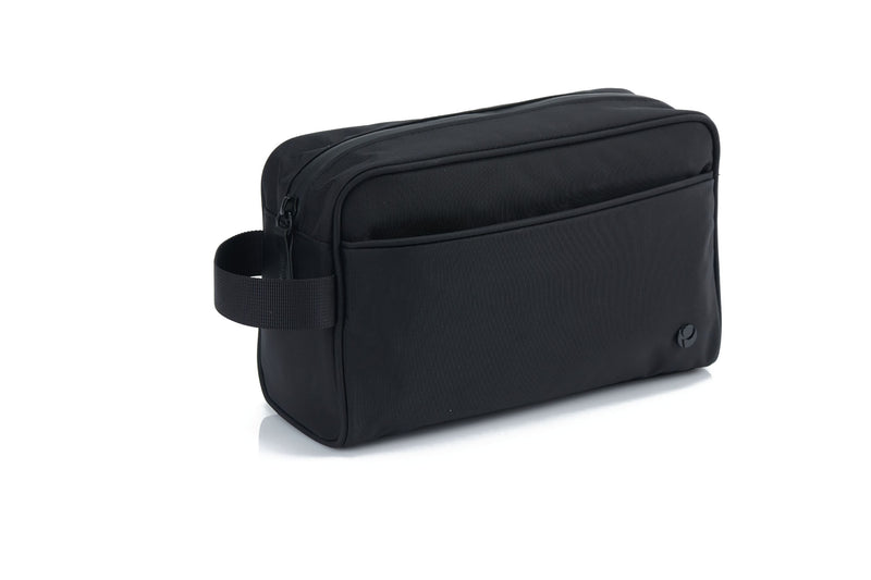 Black travel Dopp kit angled side view